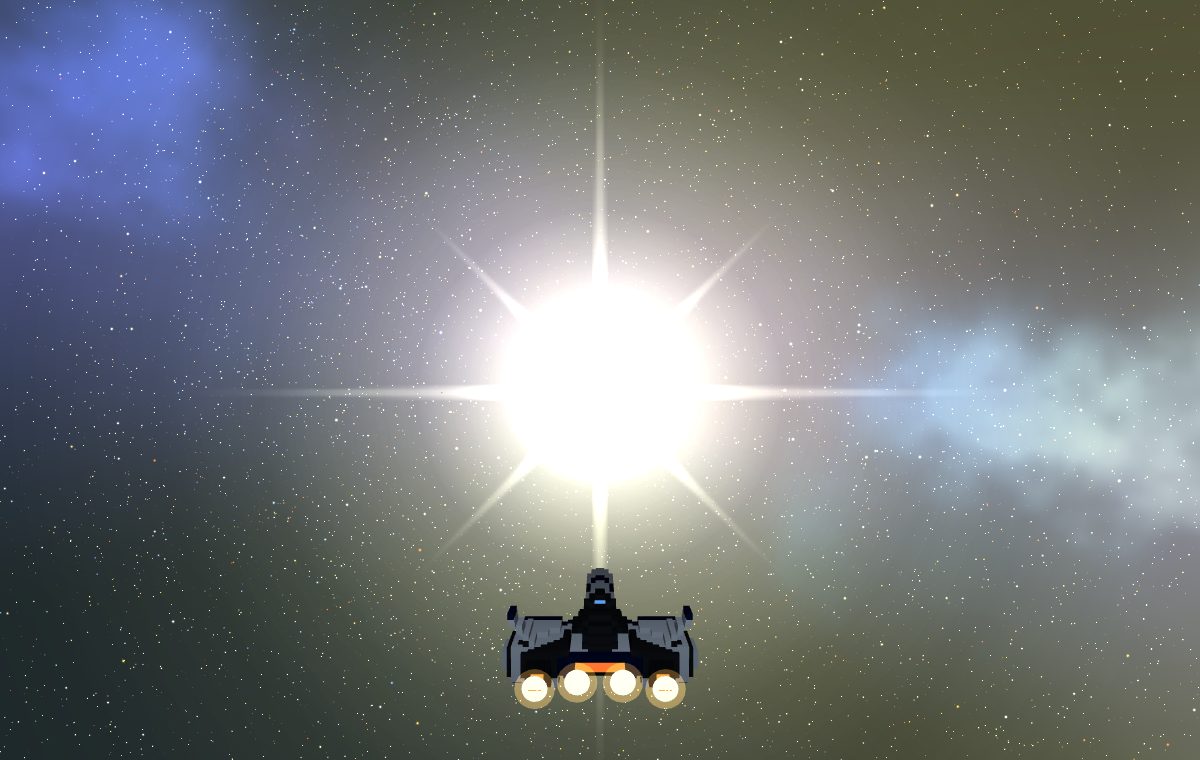A ship in silhouette against the Sun, with the Milky Way behind it.