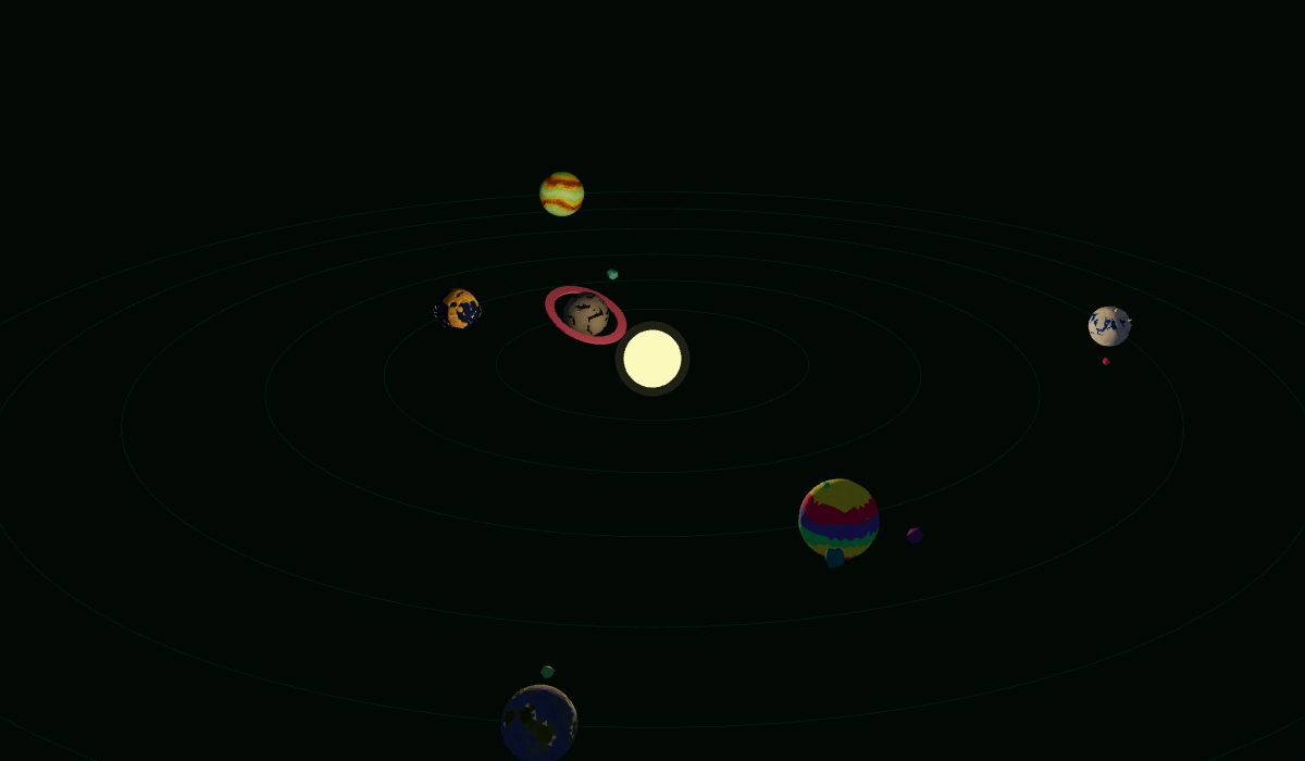 A star system seen from above: banded gas giants, a ringed world, an ocean world and several moons on faint orbital tracks.
